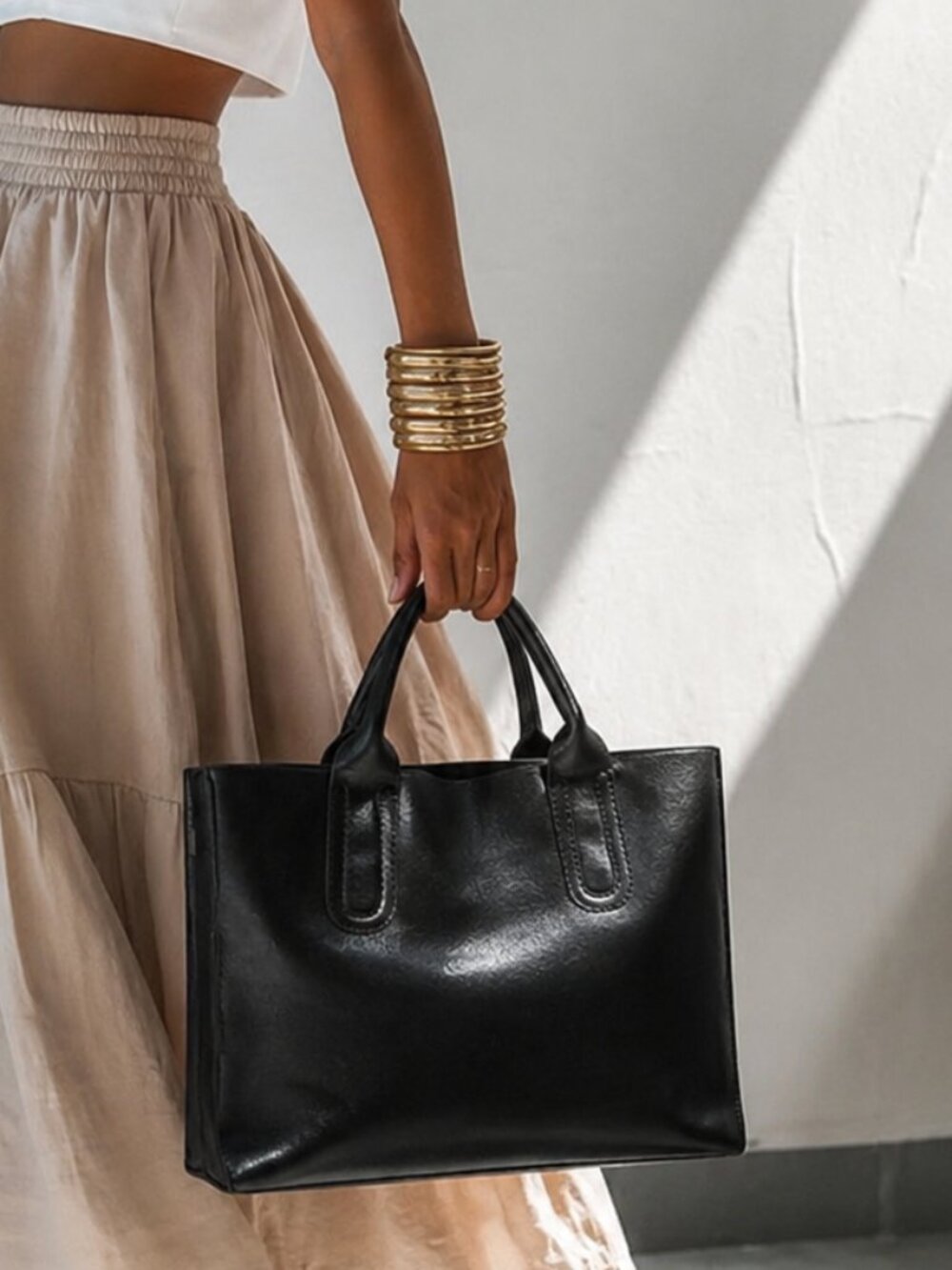 Vegan black structured tote bag, minimalist